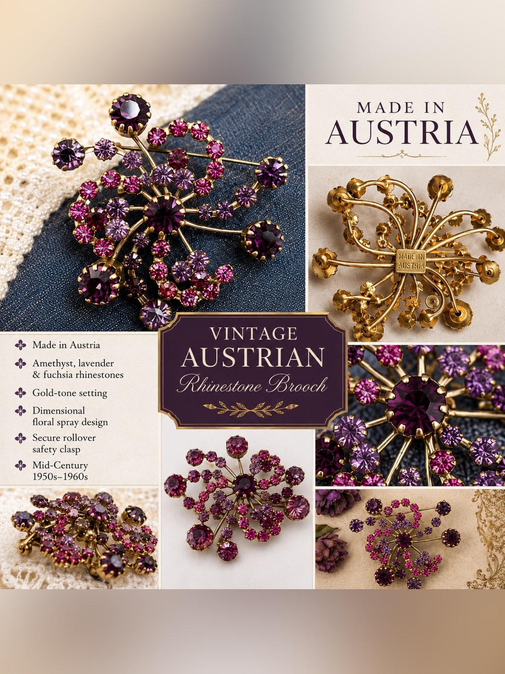 Vintage Austrian Amethyst & Fuchsia Rhinestone Floral Brooch - Gold-Tone